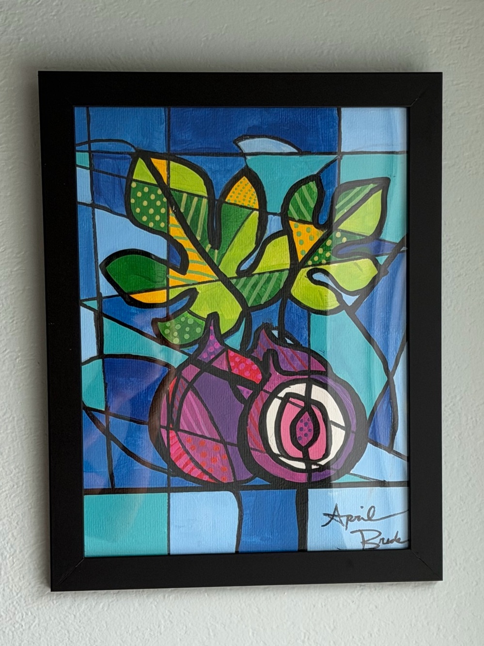 Original ABSTRACT mixed media painting POP ART fruit leaves figs 9x12